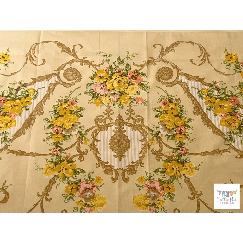 Vintage Full Flat (double flat)Sheet in bright yellow floral border print, Utica